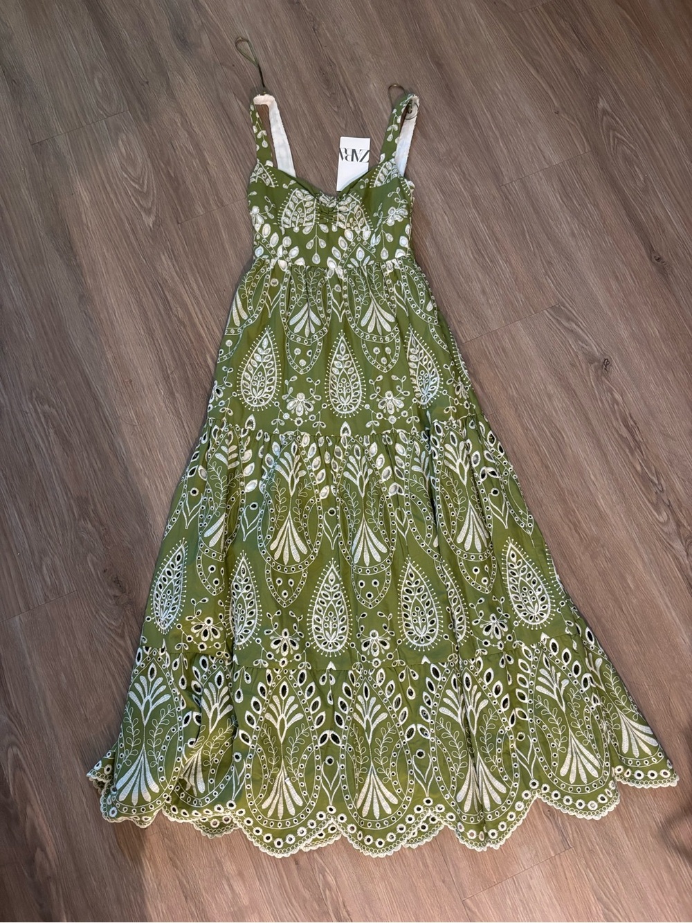 Zara Green Eyelet Tiered Maxi Dress